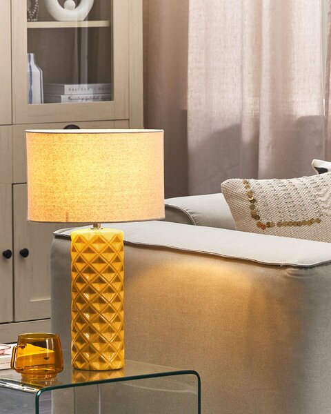Stolná lampa žltá keramická 49 cm geometrický vzor béžové látkové tienidlo obývacia izba spálňa