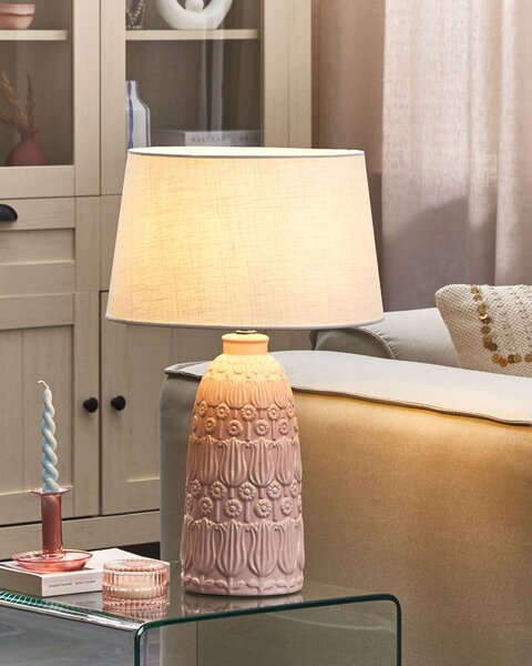 Stolná lampa ružová keramická biele látkové tienidlo ozdobný podstavec boho rustikálny dizajn