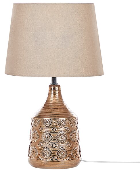 Stolná lampa zlatohnedá keramická 47 cm geometrický vzor látkové tienidlo ozdobný podstavec retro dizajn spálňa obývačka