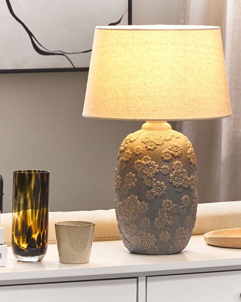 Stolná lampa sivá a béžová keramická 46 cm podstavec so vzorom kvetov látkové tienidlo spálňa obývacia izba