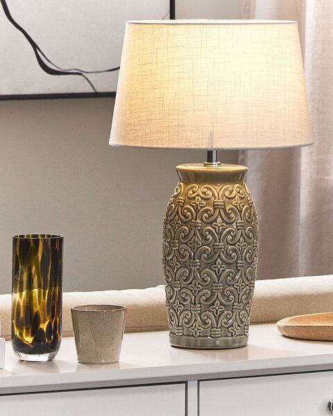 Stolná lampa sivá keramická 48 cm podstavec so vzorom biele látkové tienidlo obývacia izba spálňa