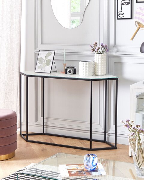 Konzolový stolík čierny a biely tvrdené sklo oceľ 120 x 35 cm efekt mramoru kovové nohy glamour moderná obývačka predsieň