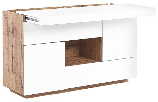 Komoda a písací stôl biela a svetlé drevo MDF dyha 2 v 1 so zásuvkami a skrinkami úložný priestor