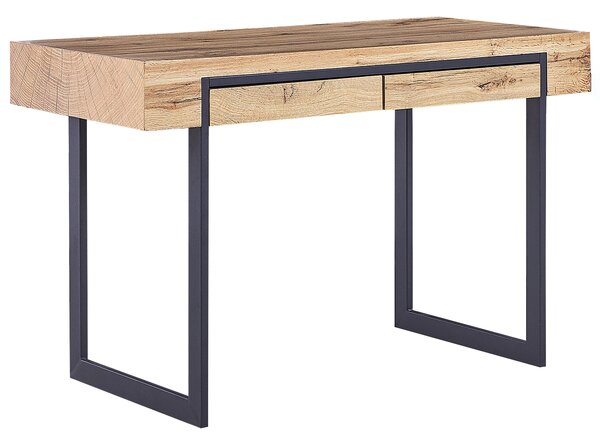 Písací stôl svetlé drevo a čierna MDF 120 x 55 cm oceľový rám 2 úložné zásuvky domáca kancelária