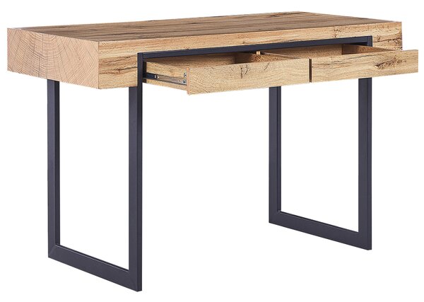 Písací stôl svetlé drevo a čierna MDF 120 x 55 cm oceľový rám 2 úložné zásuvky domáca kancelária