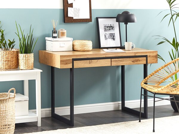 Písací stôl svetlé drevo a čierna MDF 120 x 55 cm oceľový rám 2 úložné zásuvky domáca kancelária