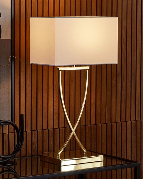 Stolná lampa zlatý kovový podstavec 62 cm biele látkové tienidlo obdĺžniková moderná obývacia izba