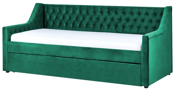 Rozkladacia posteľ zelená zamat 90 x 200 cm s roštom prešívané čelo s gombíkmi glamour štýl spálňa