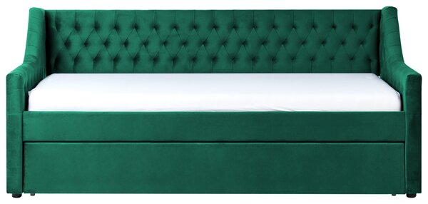 Rozkladacia posteľ zelená zamat 90 x 200 cm s roštom prešívané čelo s gombíkmi glamour štýl spálňa