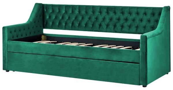 Rozkladacia posteľ zelená zamat 90 x 200 cm s roštom prešívané čelo s gombíkmi glamour štýl spálňa