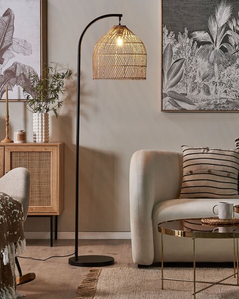 Stojaca lampa prírodná béžová ratanové tienidlo 165 cm kovový stojan boho dizajn obývacia izba