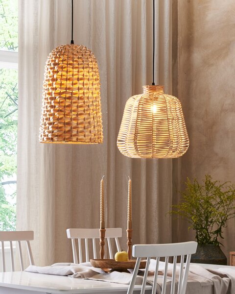 Závesná lampa svetlé drevo bambusové drevo prútené tienidlo boho dizajn osvetlenie do interiéru