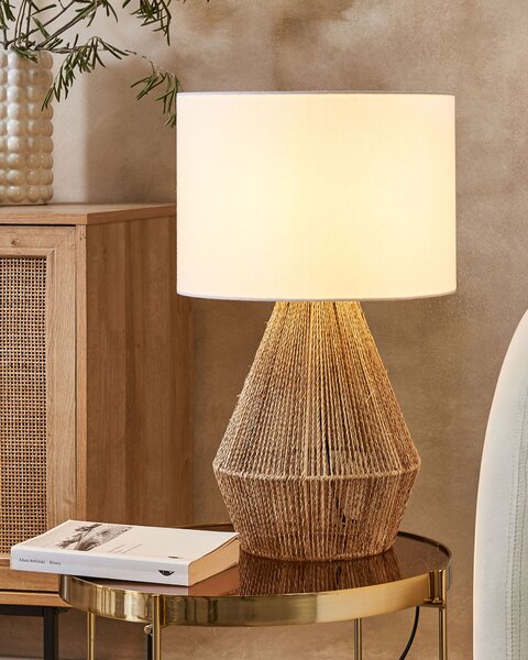 Stolná lampa prírodný papierový výplet látkové tienidlo boho dizajn osvetlenie do interiéru