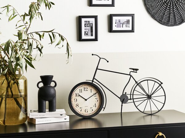Stolné hodiny čierne kovový rám 37 cm v tvare bicykla moderný dizajn bytové doplnky