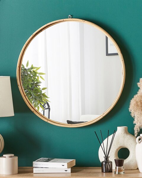 Nástenné zrkadlo prírodné ratanové 60 cm okrúhle tenký rám moderný boho dizajn predsieň obývačka