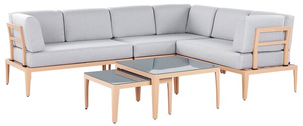 Záhradná sedacia súprava sivá svetlé drevo hliník polyester 6-miestna 2 konferenčné stolíky balkón terasa exteriér