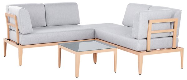 Záhradná sedacia súprava sivá svetlé drevo hliník polyester 6-miestna 2 konferenčné stolíky balkón terasa exteriér