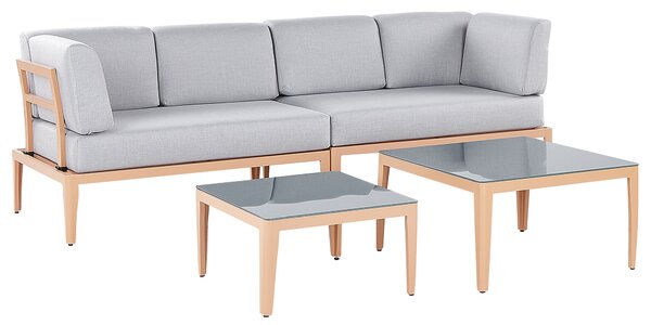Záhradná sedacia súprava sivá svetlé drevo hliník polyester 6-miestna 2 konferenčné stolíky balkón terasa exteriér