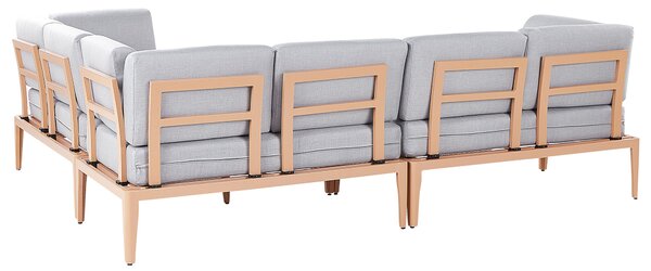 Záhradná sedacia súprava sivá svetlé drevo hliník polyester 6-miestna 2 konferenčné stolíky balkón terasa exteriér