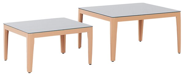 Záhradná sedacia súprava sivá svetlé drevo hliník polyester 6-miestna 2 konferenčné stolíky balkón terasa exteriér