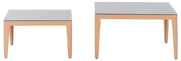 Záhradná sedacia súprava sivá svetlé drevo hliník polyester 6-miestna 2 konferenčné stolíky balkón terasa exteriér