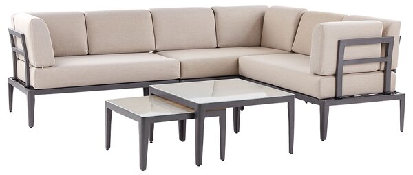 Záhradná sedacia súprava béžová sivá hliník polyester 6-miestna 2 konferenčné stolíky balkón terasa exteriér