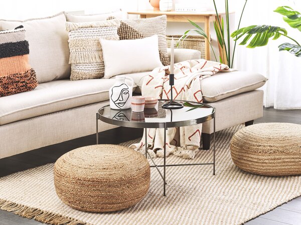 Taburetka béžová prírodná juta 50 x 20 cm okrúhla podnožka puf na sedenie boho štýl obývačka spálňa