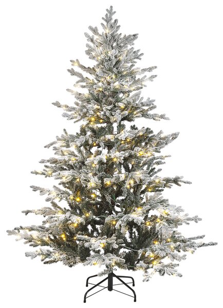 Umelý vianočný stromček biely 180 cm syntetický materiál biele zasnežené vetvy s LED svetielkami vianočná výzdoba