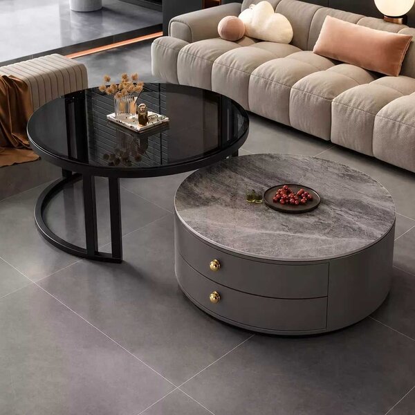 LuxuryForm DESIGN Konferenčný stolík ORION 70 × 70 / 50 × 50 cm – sivý / sivý mramor + sklo (set 2 ks)