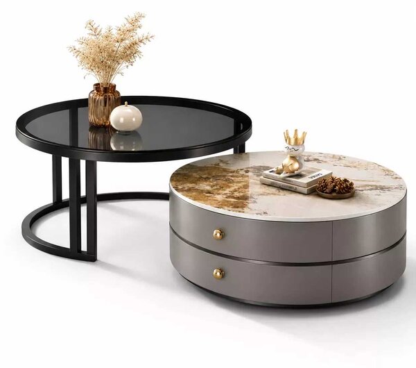 LuxuryForm DESIGN Konferenčný stolík ORION 70 × 70 / 50 × 50 cm – sivý / béžový mramor + sklo (set 2 ks)