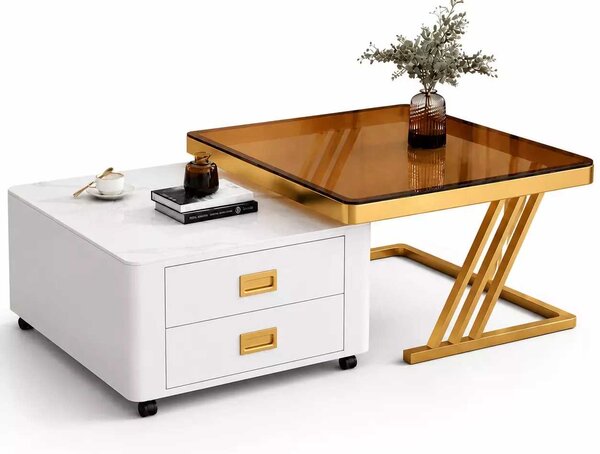 LuxuryForm DESIGN Konferenčný stolík BOLT 70 × 70 / 60 × 60 cm – biely / zlatý (set 2 ks)