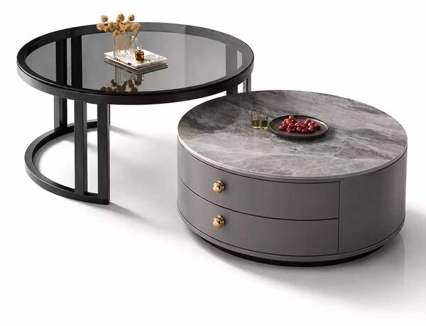 LuxuryForm DESIGN Konferenčný stolík ORION 70 × 70 / 50 × 50 cm – sivý / sivý mramor + sklo (set 2 ks)