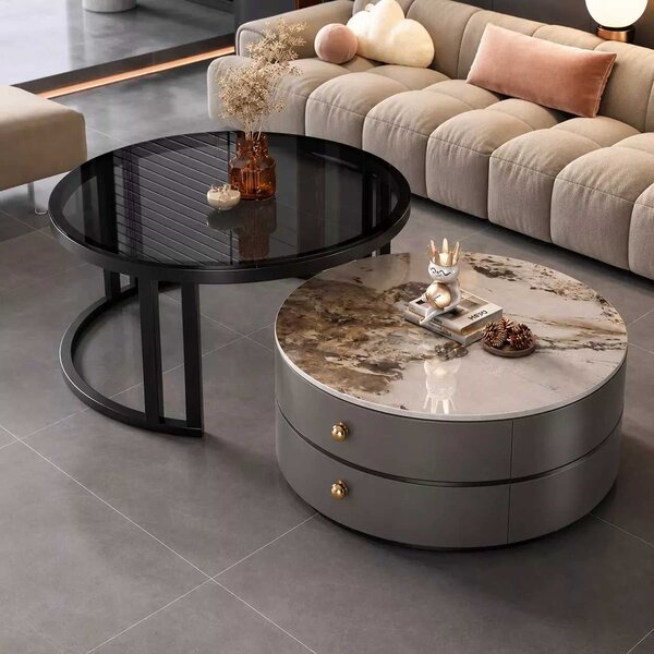 LuxuryForm DESIGN Konferenčný stolík ORION 70 × 70 / 50 × 50 cm – sivý / béžový mramor + sklo (set 2 ks)