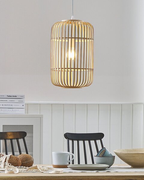 Závesná lampa svetlohnedá bambusové drevo kov PVC prírodný matný povrch geometrické klietkové tienidlo boho štýl osvetlenie