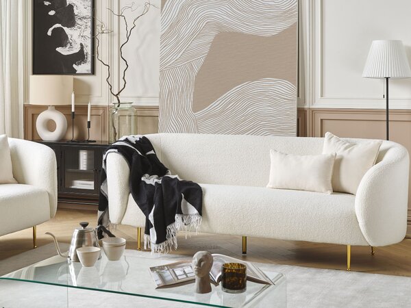 3-miestna pohovka biela buklé čalúnenie zlaté nohy zaoblené operadlo retro glamour art deco štýl