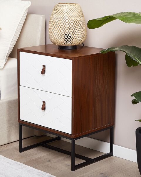Nočný stolík tmavé drevo biela MDF kov 69 x 49 x 38 cm 2 zásuvky úložný priestor moderný štýl spálňa
