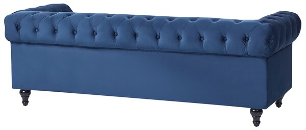 Sedacia súprava chesterfield námornícka modrá zamatová čalúnená tmavé drevené nohy 3-miestna pohovka s kreslom moderná