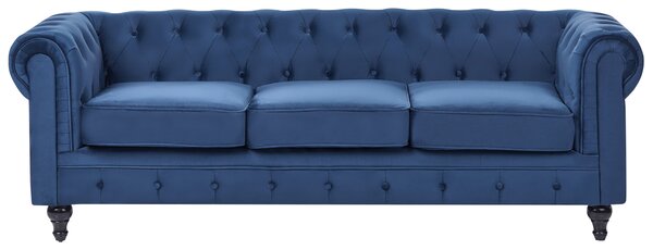 Sedacia súprava chesterfield námornícka modrá zamatová čalúnená tmavé drevené nohy 3-miestna pohovka s kreslom moderná