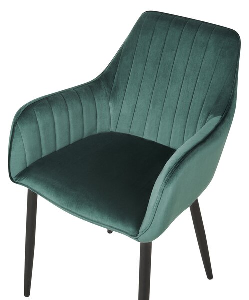 Sada 2 jedálenských stoličiek tmavozelená zamatová opierky rúk čierne kovové nohy retro glamour