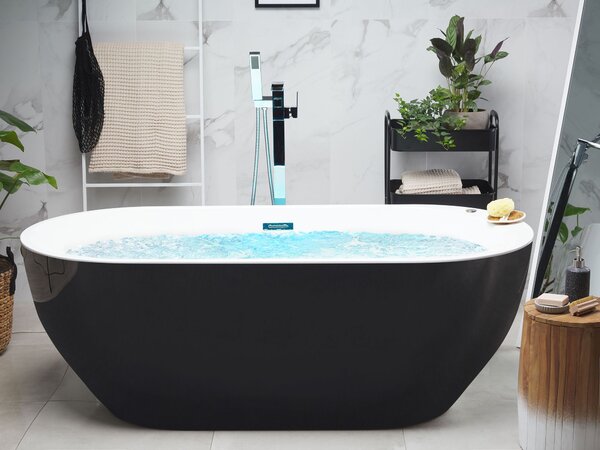 Voľne stojaca vírivá vaňa čierna biela akrylát 170 x 80 cm s LED osvetlením hydromasážna oválny tvar elegantný moderný štýl kúpeľňa