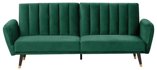 Rozkladacia pohovka smaragdovozelená zamatové čalúnenie vhodná na spanie elegantná moderná obývacia izba spálňa