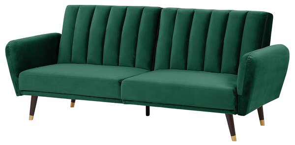 Rozkladacia pohovka smaragdovozelená zamatové čalúnenie vhodná na spanie elegantná moderná obývacia izba spálňa