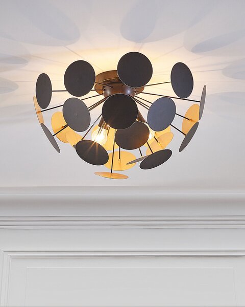 Stropná lampa čierna a zlatá kovová s pologuľovým tienidlom z kruhov 2 žiarovky industriálny art deco štýl