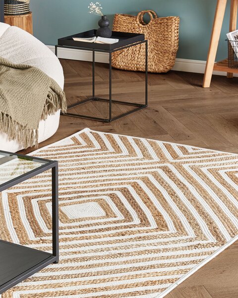 Koberec béžový bavlna juta 140 x 200 cm geometrický vzor obdĺžnikový tvar boho rustikálny štýl obývačka spálňa