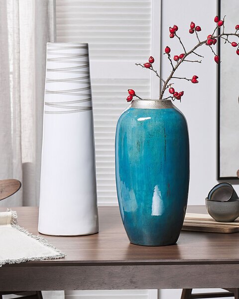 Dekoratívna váza modrá strieborná terakota 42 cm lesklá povrchová úprava boho vintage štýl doplnky