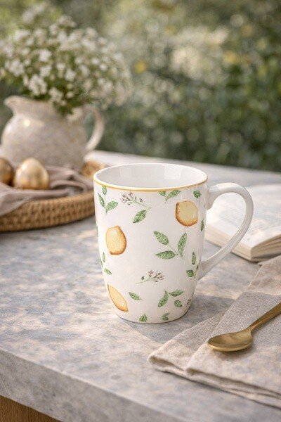 Biely porcelánový hrnček s citrónmi Lemons & Leafs - 12*8*10 cm / 300 ml - Clayre & Eef