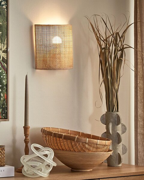 Nástenná lampa prírodná ratanová 22 cm polkruhové tienidlo svietidlo na stenu boho obývacia izba spálňa