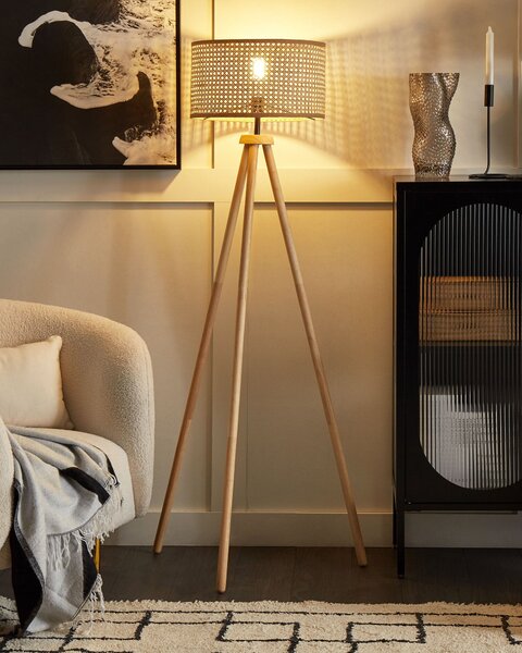 Stojaca lampa prírodná ratanová 150 cm kaučukové drevo trojnohý stojan rustikálny dizajn boho interiér