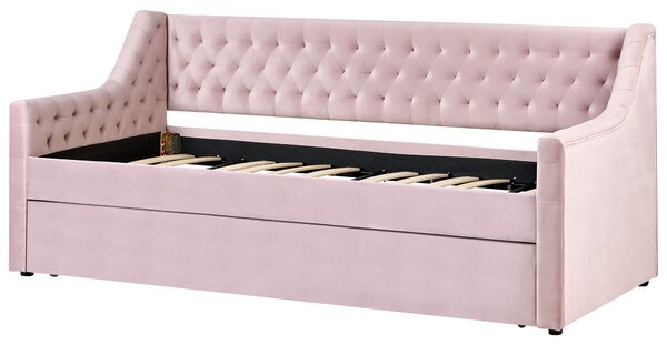 Rozkladacia posteľ ružová zamat 90 x 200 cm s roštom prešívané čelo s gombíkmi glamour štýl spálňa