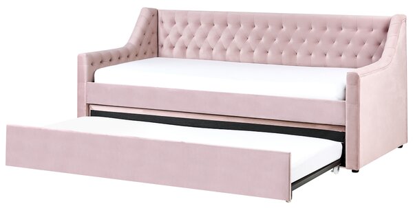 Rozkladacia posteľ ružová zamat 90 x 200 cm s roštom prešívané čelo s gombíkmi glamour štýl spálňa